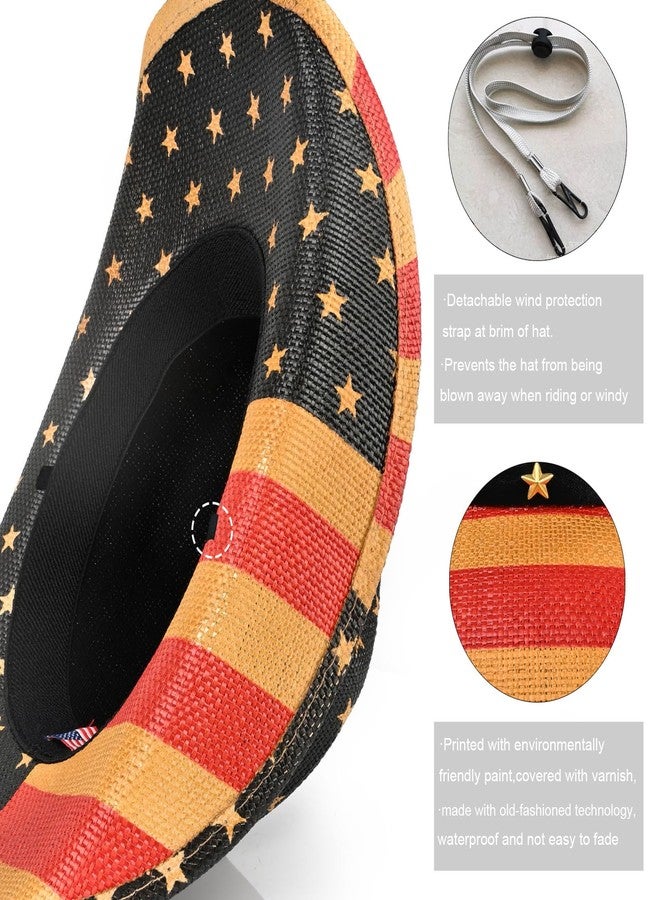 Foeran USA Flag Cowboy Hats for Men's Women's,Cowgirl Hats Western Straw American Flag Hat Beige - Image 5